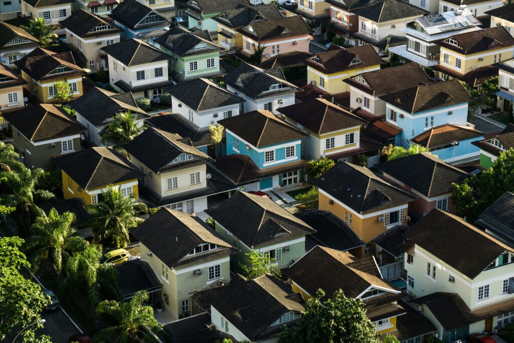 Aerial view of densely packed suburban houses.
