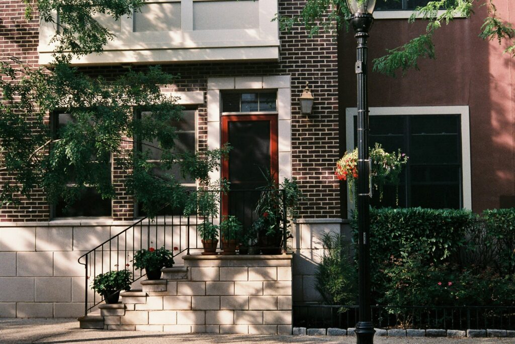 An eye level view of a front part of a house in New Jersey taken in front of it.