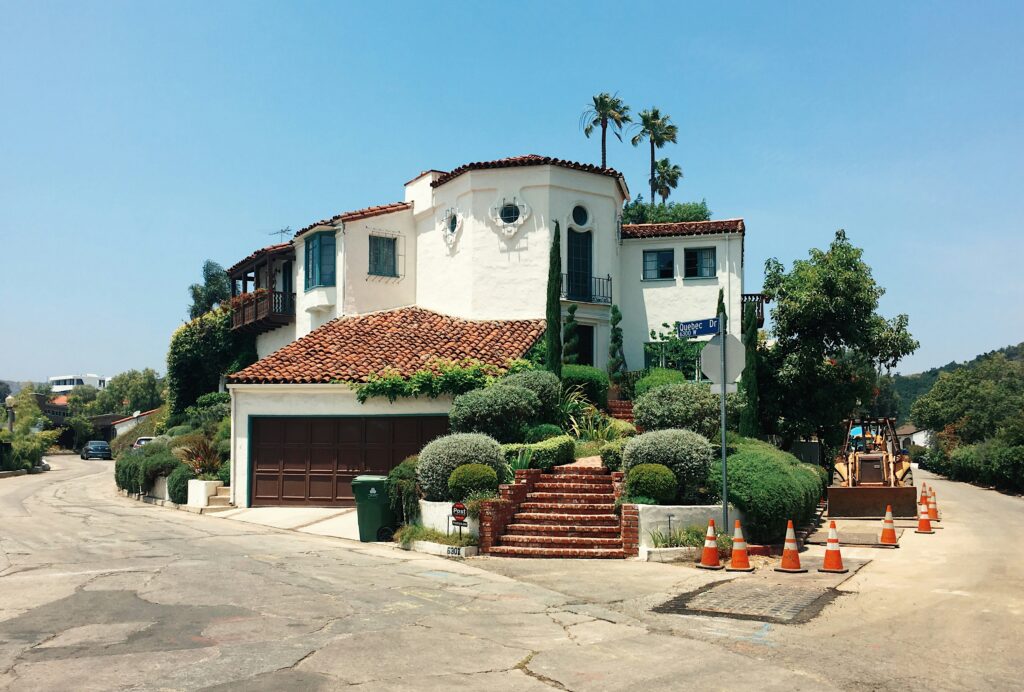 Spanish-style house on a street corner in California.