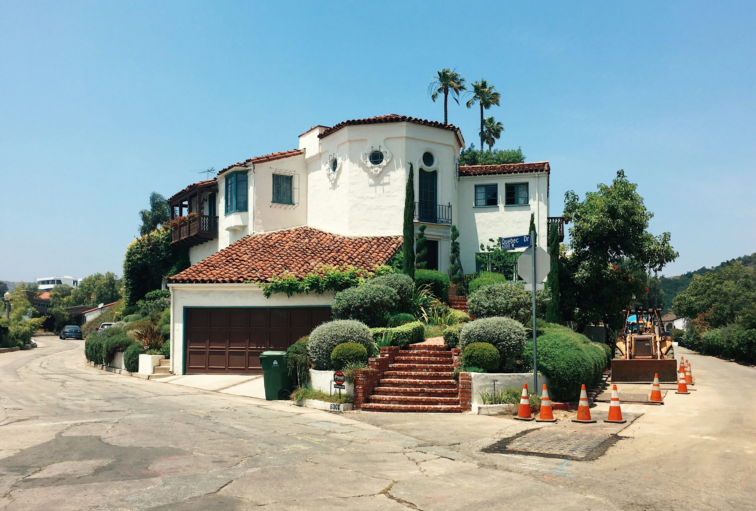 Spanish-style house on a street corner in California.