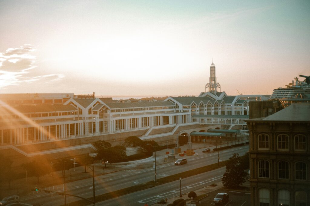 Convention center at sunrise overlooking a street in Alabama.