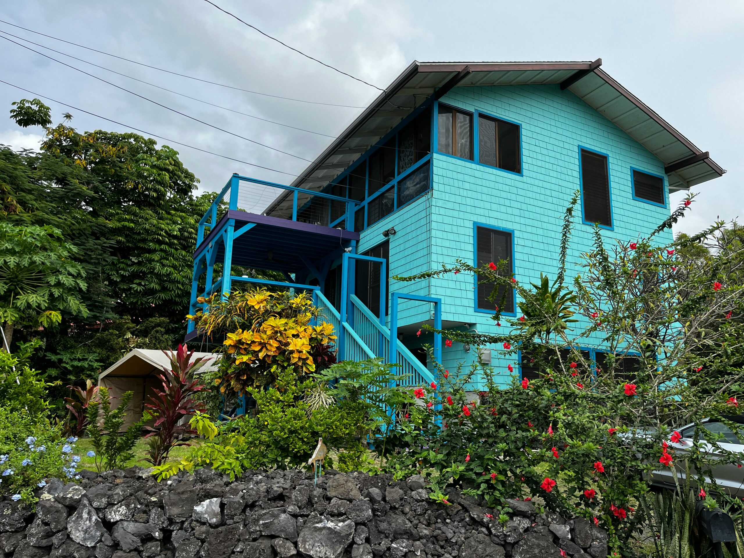 A blue house in Hawaii surrounded by red and yellow flowers and different plants.